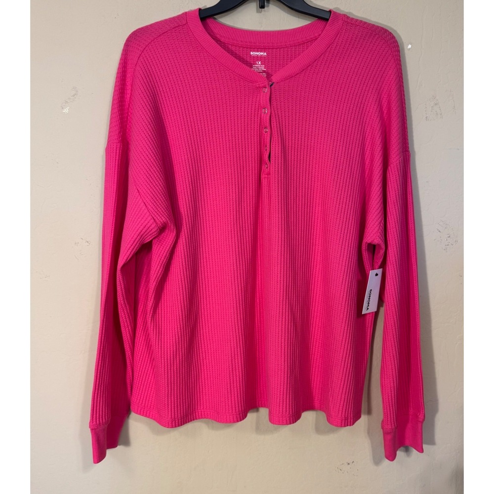 Sonoma Henley Thermal Top Women 1X Hot Pink Casual Waffle Knit Long Sleeve‎ NEW